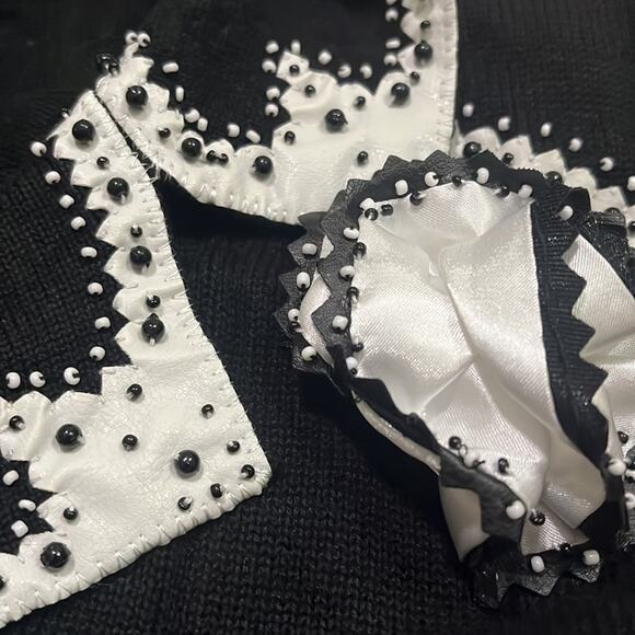 Vintage Knit Cardigan Sweater Black Beaded Vegan Leather Trim LG Satin NwoT - Picture 15 of 16